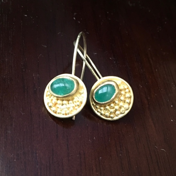 22K Gold Granulated Emerald Cabochon Drop EarrIngs - Picture 5 of 8